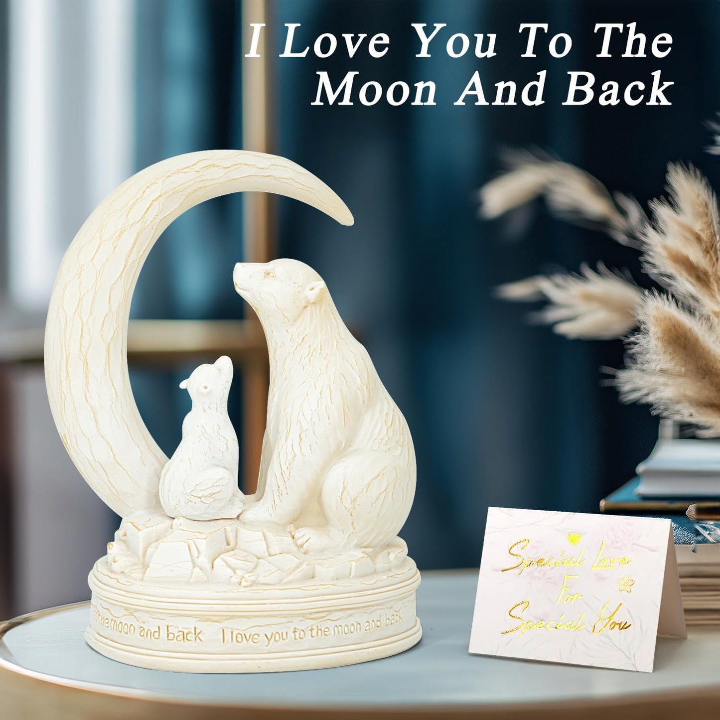 Moon and Polar Bear Mom Daughter Figurine Gifts white on desk