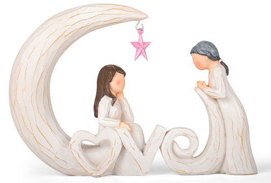 Mother Daughter Figurine Mom Gift – Moon and Back Resin Sculpture with Love Letters & Pink Star –Sentimental Christmas Birthday Gifts for Mom from Daughter Mother’s Day