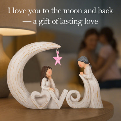 Mother Daughter Figurine Mom Gift – Moon and Back Resin Sculpture with Love Letters & Pink Star –Sentimental Christmas Birthday Gifts for Mom from Daughter Mother’s Day
