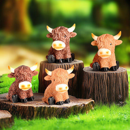 Highland Cow Decor Highland Cow Figurine Brown Scottish Highland Cow, Lifelike Highland Cow Statue Ornament Gifts for Cow Lover Cow Decoration Bathroom Office Nursery Desk (4Pcs Mini Cows)