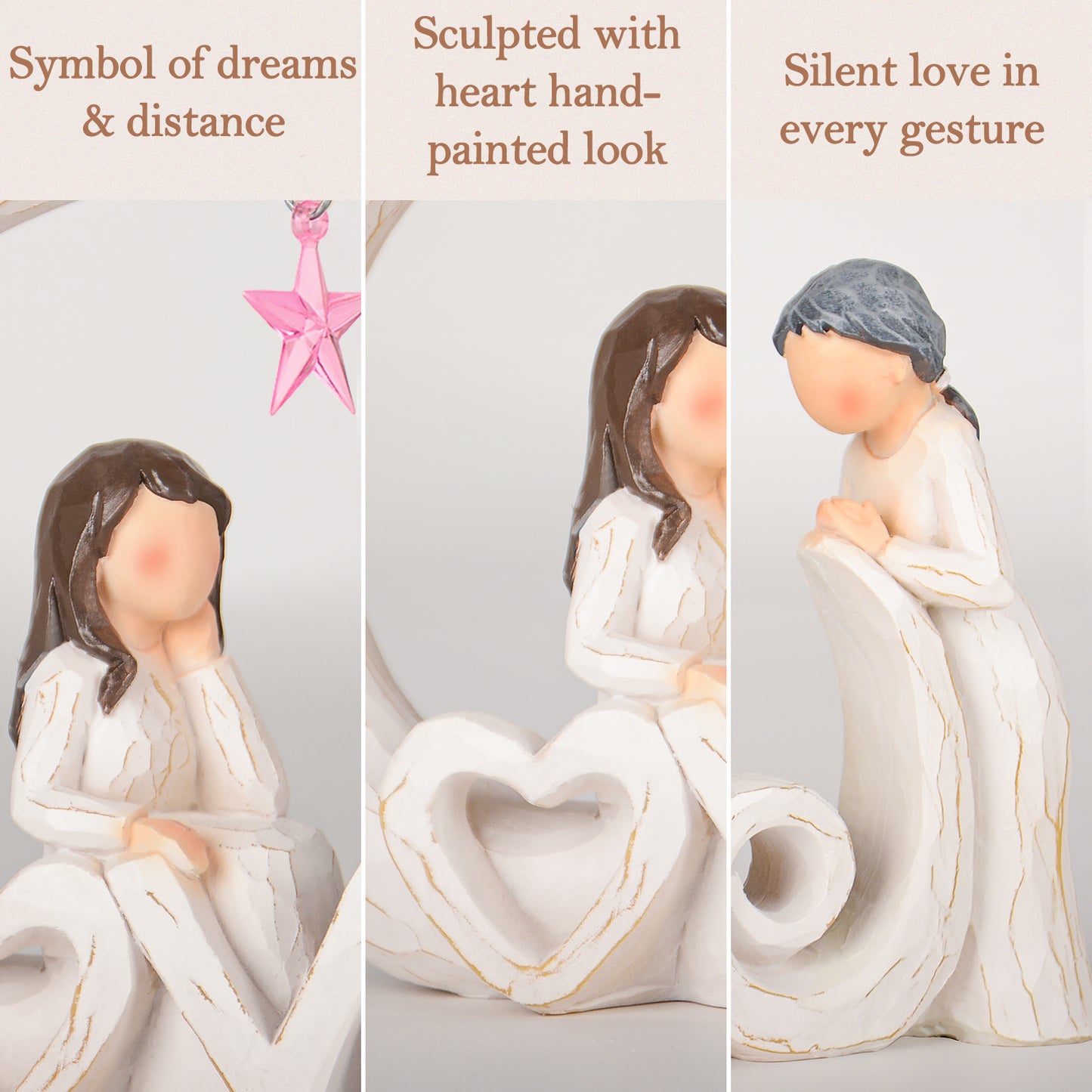 Mother Daughter Figurine Mom Gift – Moon and Back Resin Sculpture with Love Letters & Pink Star –Sentimental Christmas Birthday Gifts for Mom from Daughter Mother’s Day