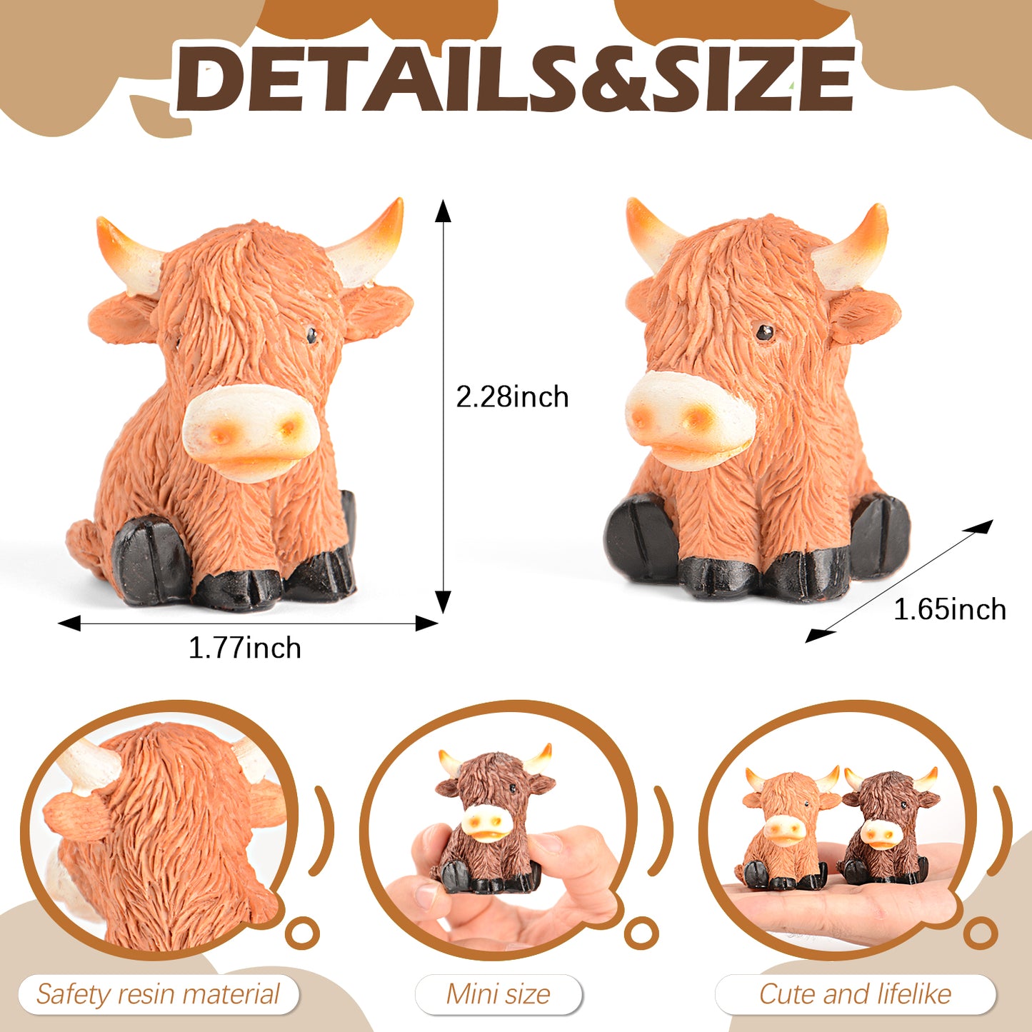 Highland Cow Decor Highland Cow Figurine Brown Scottish Highland Cow, Lifelike Highland Cow Statue Ornament Gifts for Cow Lover Cow Decoration Bathroom Office Nursery Desk (4Pcs Mini Cows)
