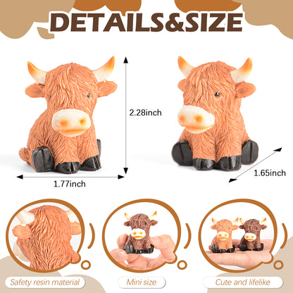Highland Cow Decor Highland Cow Figurine Brown Scottish Highland Cow, Lifelike Highland Cow Statue Ornament Gifts for Cow Lover Cow Decoration Bathroom Office Nursery Desk (4Pcs Mini Cows)