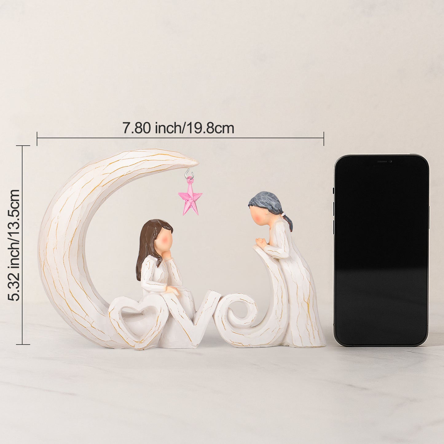 Mother Daughter Figurine Mom Gift – Moon and Back Resin Sculpture with Love Letters & Pink Star –Sentimental Christmas Birthday Gifts for Mom from Daughter Mother’s Day