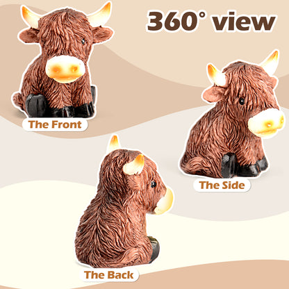 Highland Cow Decor Highland Cow Figurine Brown Scottish Highland Cow, Lifelike Highland Cow Statue Ornament Gifts for Cow Lover Cow Decoration Bathroom Office Nursery Desk (4Pcs Mini Cows)