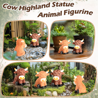 Highland Cow Decor Highland Cow Figurine Brown Scottish Highland Cow, Lifelike Highland Cow Statue Ornament Gifts for Cow Lover Cow Decoration Bathroom Office Nursery Desk (4Pcs Mini Cows)