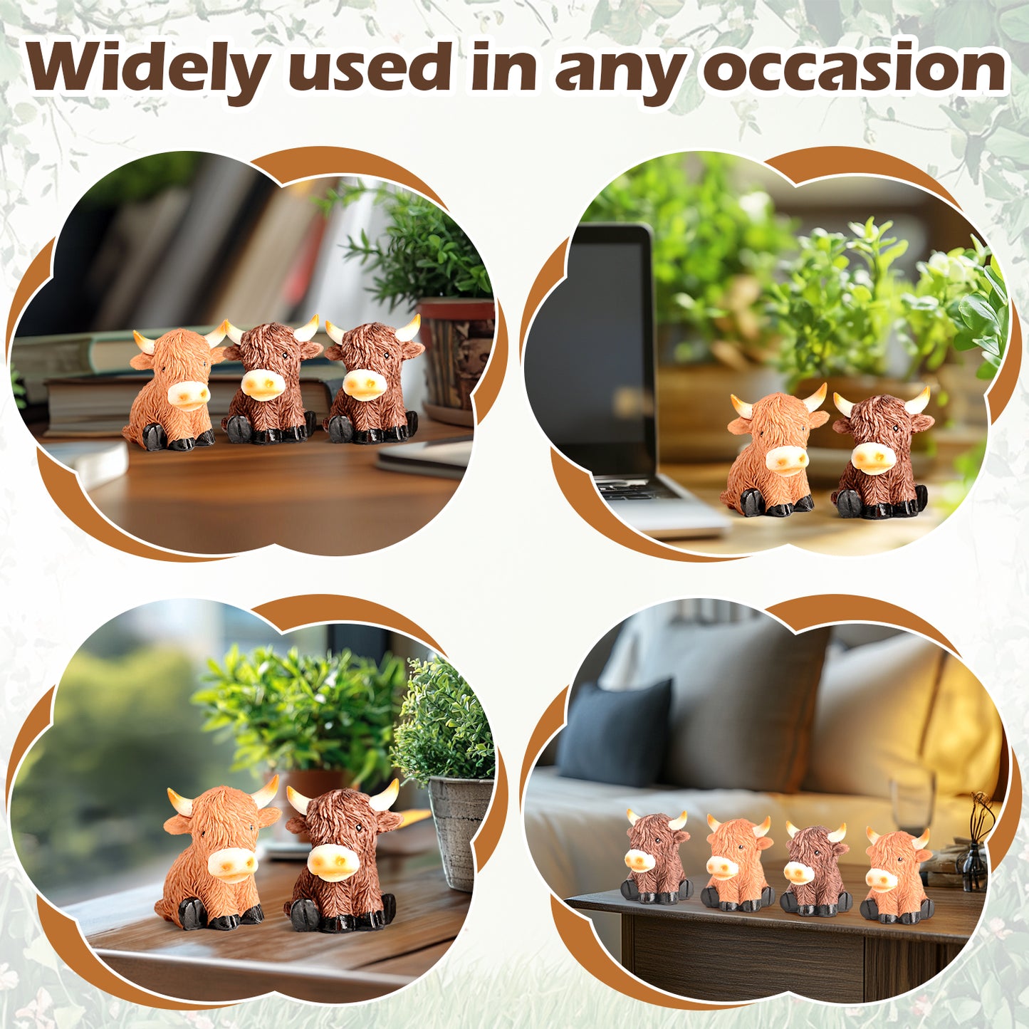Highland Cow Decor Highland Cow Figurine Brown Scottish Highland Cow, Lifelike Highland Cow Statue Ornament Gifts for Cow Lover Cow Decoration Bathroom Office Nursery Desk (4Pcs Mini Cows)