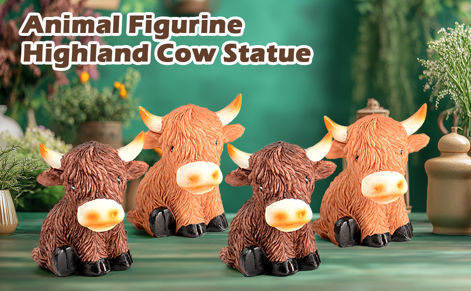 Highland Cow Decor Highland Cow Figurine Brown Scottish Highland Cow, Lifelike Highland Cow Statue Ornament Gifts for Cow Lover Cow Decoration Bathroom Office Nursery Desk (4Pcs Mini Cows)
