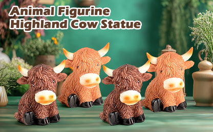 Highland Cow Decor Highland Cow Figurine Brown Scottish Highland Cow, Lifelike Highland Cow Statue Ornament Gifts for Cow Lover Cow Decoration Bathroom Office Nursery Desk (4Pcs Mini Cows)
