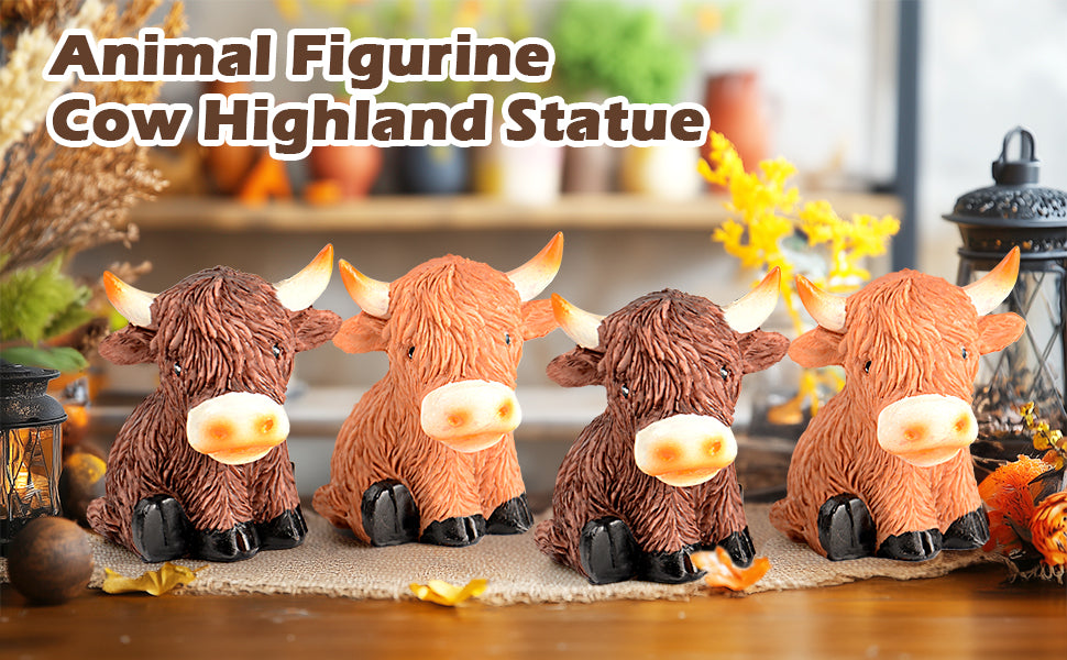 Highland Cow Decor Highland Cow Figurine Brown Scottish Highland Cow, Lifelike Highland Cow Statue Ornament Gifts for Cow Lover Cow Decoration Bathroom Office Nursery Desk (4Pcs Mini Cows)