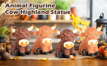Highland Cow Decor Highland Cow Figurine Brown Scottish Highland Cow, Lifelike Highland Cow Statue Ornament Gifts for Cow Lover Cow Decoration Bathroom Office Nursery Desk (4Pcs Mini Cows)