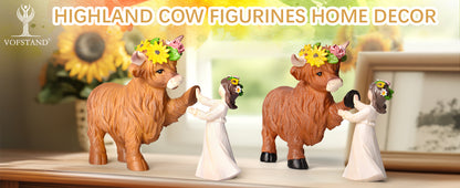 Highland Cow Decor Highland Cow Figurine - Spring Highland Cow Gifts for Women Girls Outdoor Garden Statue, Rustic Highlander Cow Ornaments Hamish Highland Cows Statue Farmhouse Kitchen Outdoor Decor