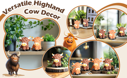 Highland Cow Decor Highland Cow Figurine Brown Scottish Highland Cow, Lifelike Highland Cow Statue Ornament Gifts for Cow Lover Cow Decoration Bathroom Office Nursery Desk (4Pcs Mini Cows)