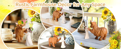 Highland Cow Decor Highland Cow Figurine - Spring Highland Cow Gifts for Women Girls Outdoor Garden Statue, Rustic Highlander Cow Ornaments Hamish Highland Cows Statue Farmhouse Kitchen Outdoor Decor