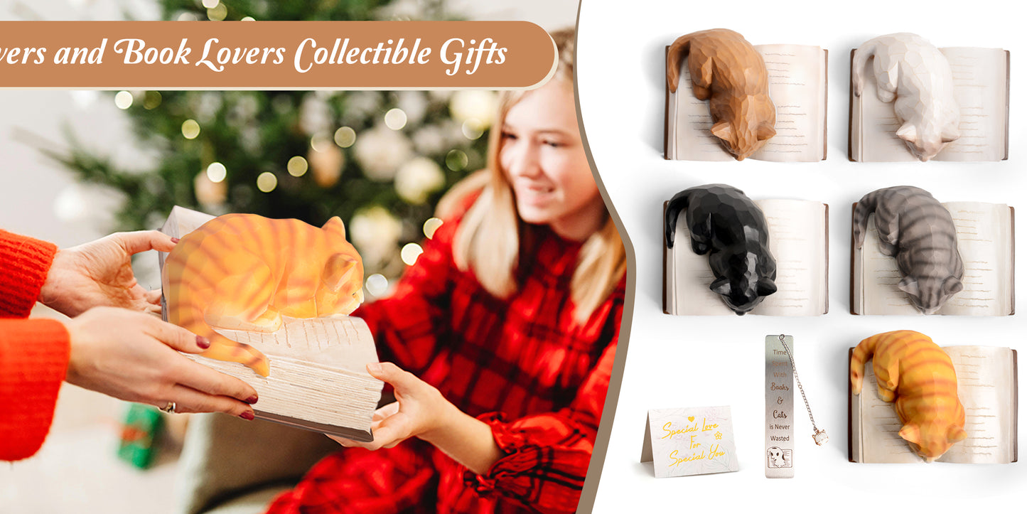 Cat Lover Gifts for Women Girl - Cat Book Figurines Book Lovers Gift with Bookmark Cats Decor for Women Cats Mom Sculpted Hand-Painted Resin Statue