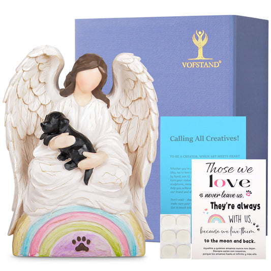 Angel of Comfort Embraces a Black Pet Over The Rainbow Bridge Sculpted Hand Painted Figure package with sympathy card