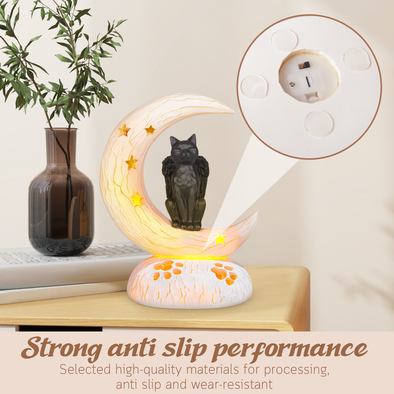 Black cat on Moon with sympathy card on table