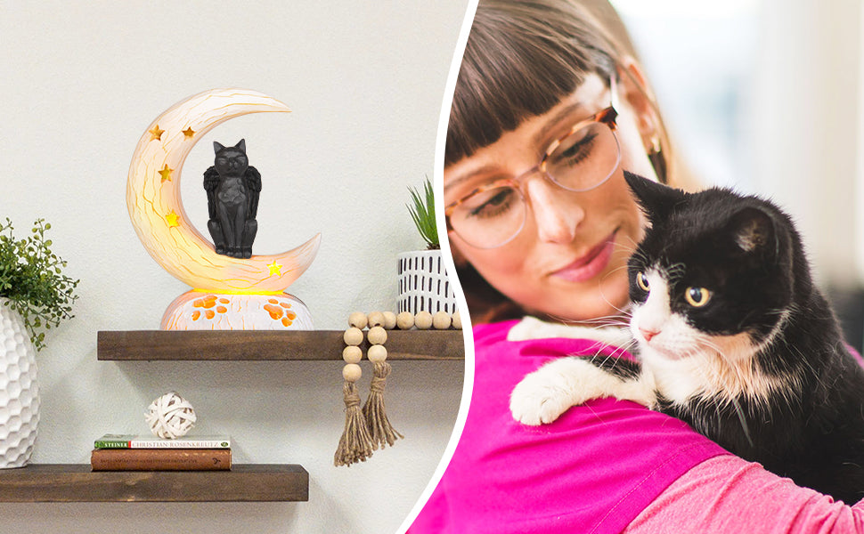 Black cat on Moon with sympathy card package detail usage scenario