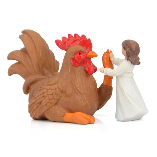 Brown Rooster with Girl Figurine Statue