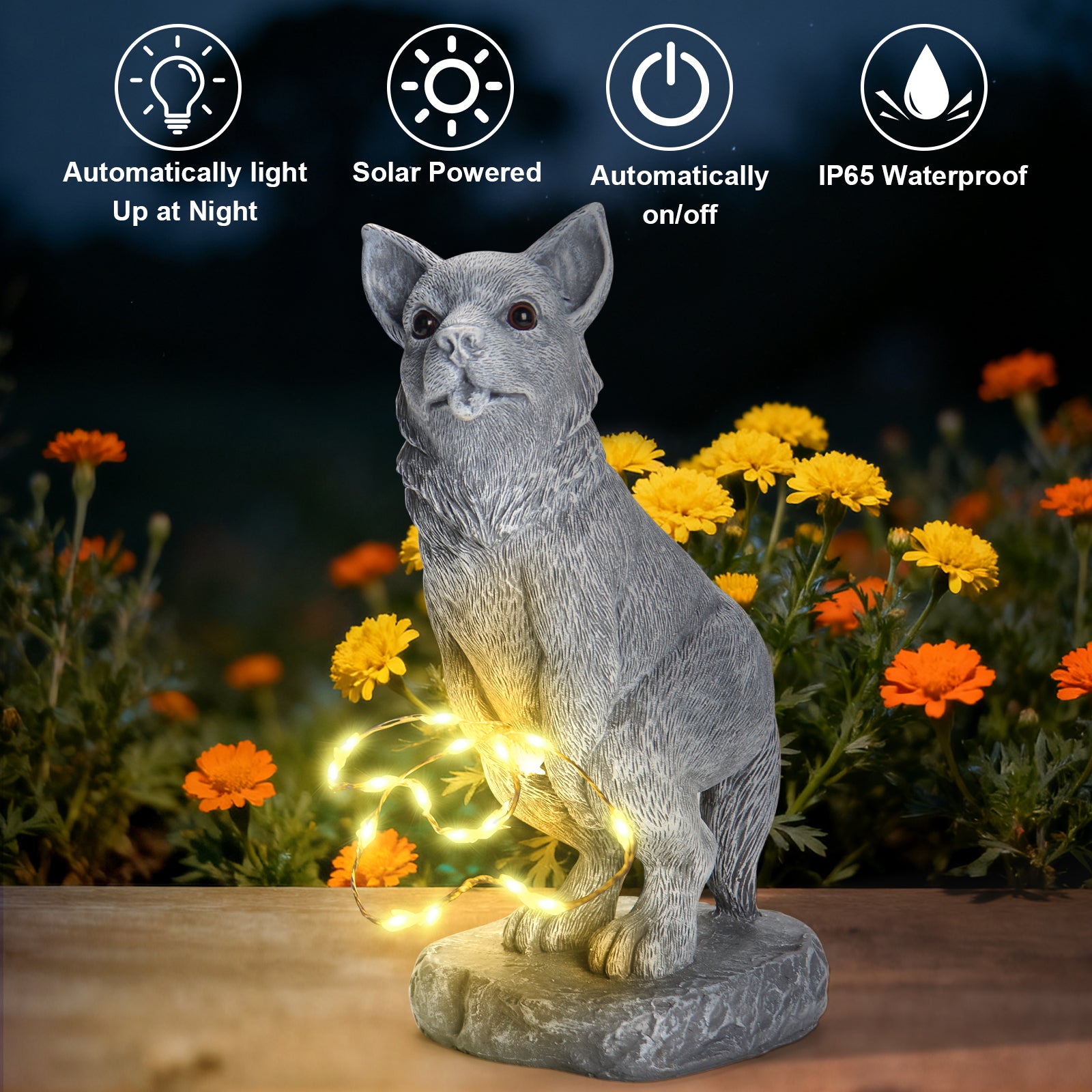 Dog Garden Statue with Solar LED Light Function instruction