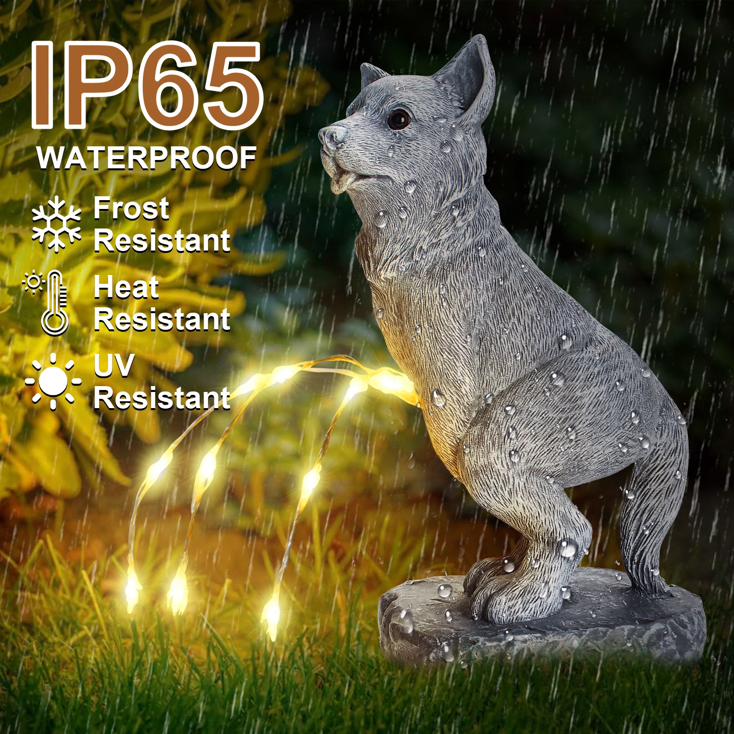 Dog Garden Statue with Solar LED Light IP65 waterproof resistant frost heat uv