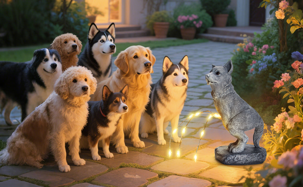 Garden Statues Dog Statue with Solar LED Light Flow Style, Ideal Gifts for Friends or Family's Birthday, Outdoor Decorations for Yard Banner