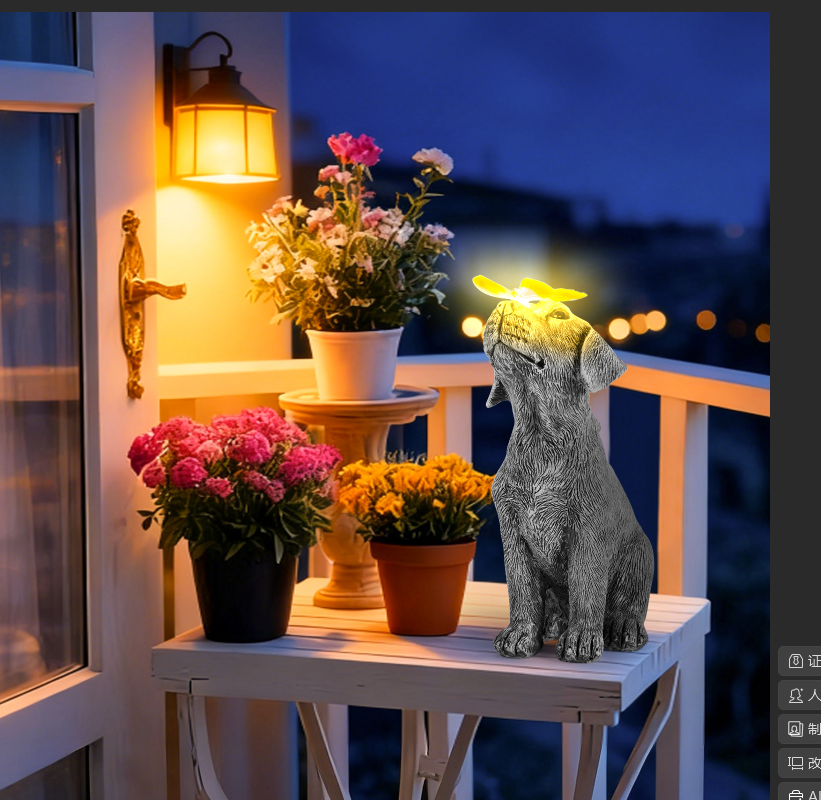 Dog Garden Statue with Solar LED Light on balcony in ninght