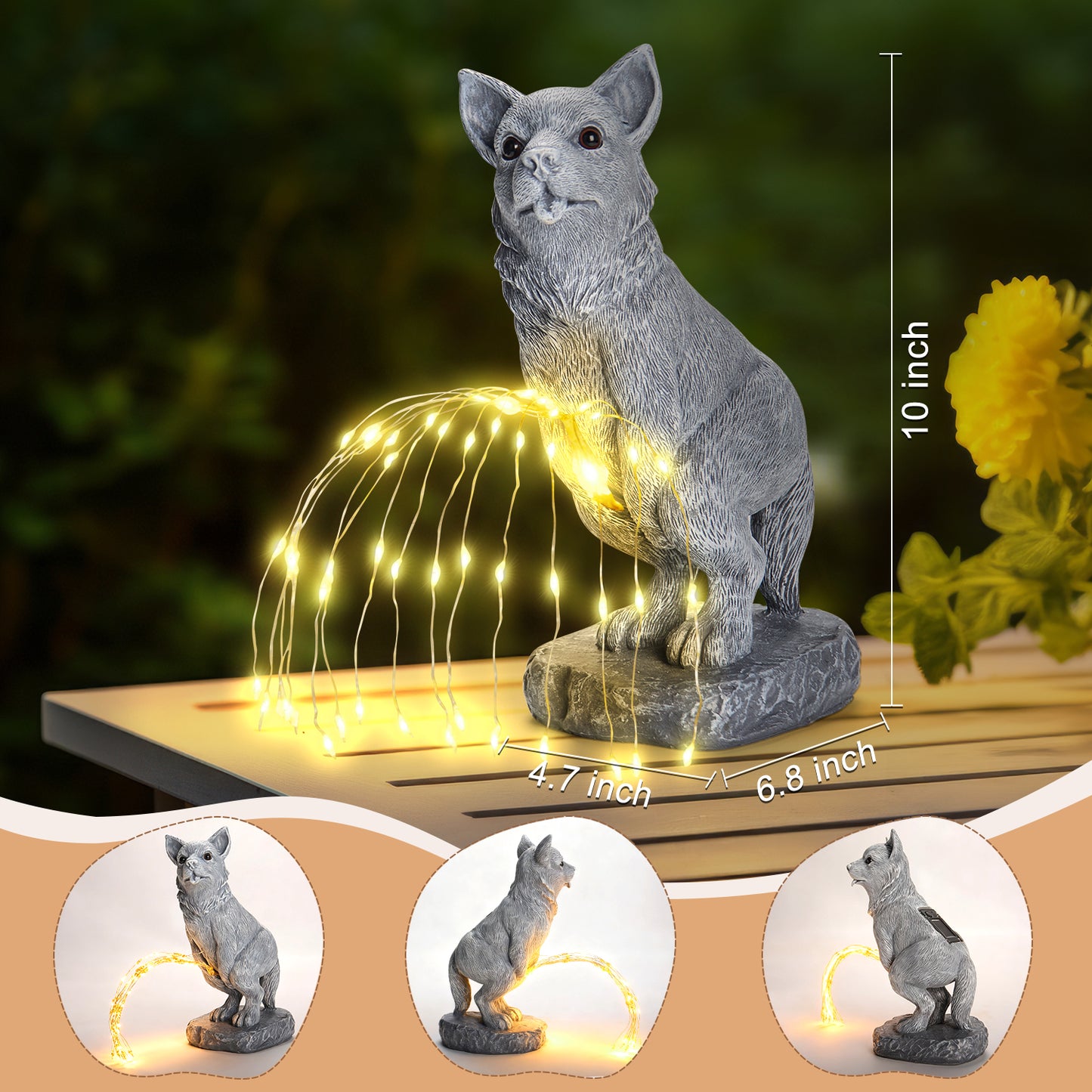 Dog Garden Statue with Solar LED Light size