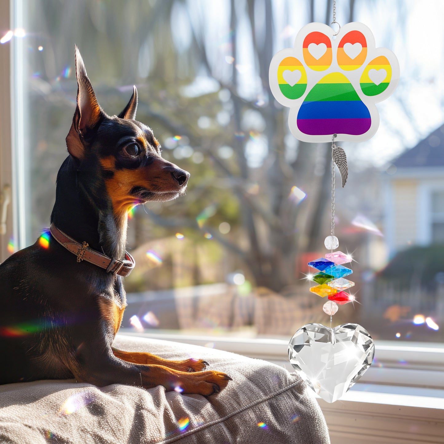 Min Pin and suncatcher acrylic rainbow paw clear heart-shaped pendant hang on the windowsill