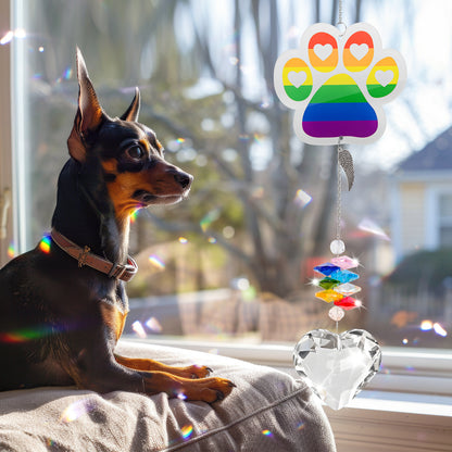 Min Pin and suncatcher acrylic rainbow paw clear heart-shaped pendant hang on the windowsill