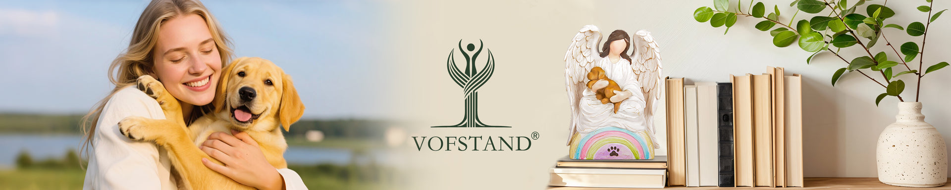 Affection Angel Embraces Dog, I Love Our Friendship, Gift to Celebrate Loving Pets and Dog Lovers, Sculpted Hand-Painted Figurine Banner