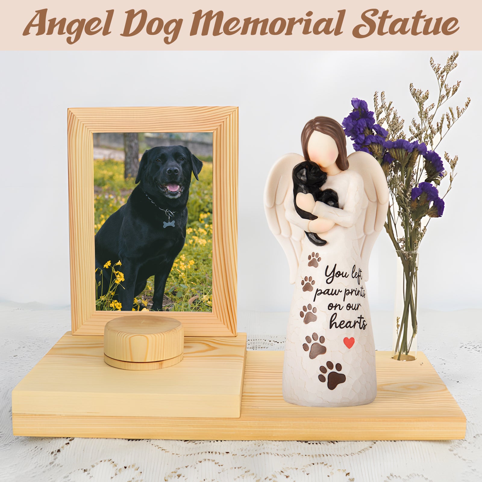 affection angel embrace a black dog on the table