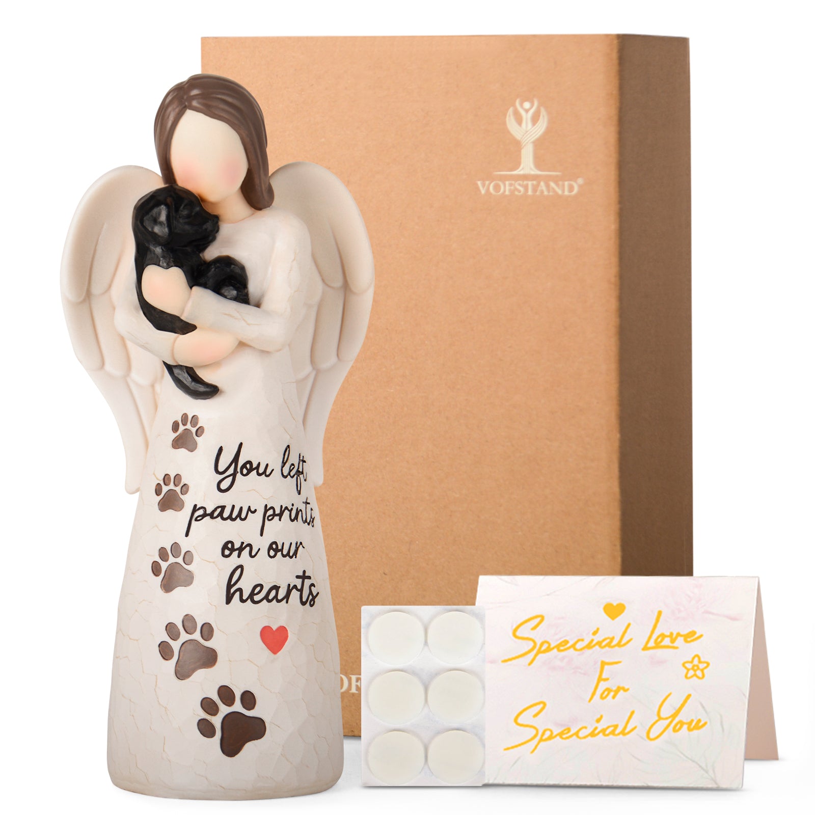 affection angel embrace a black dog with sympathy card and package