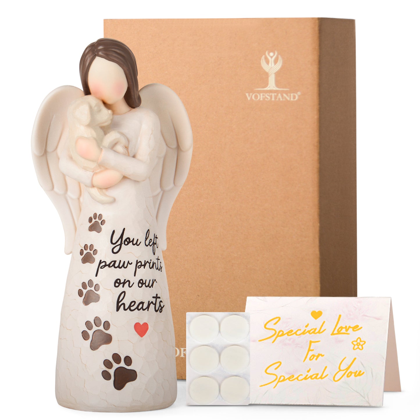 affection angel embrace a white dog with sympathy card and package