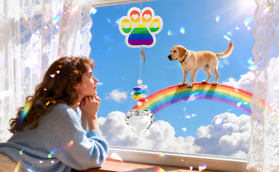 girl suncatcher pendant dog rainbow bridge windowsill