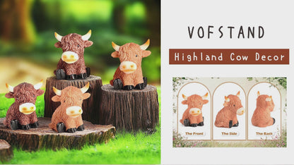 Highland Cow Decor Highland Cow Figurine Brown Scottish Highland Cow, Lifelike Highland Cow Statue Ornament Gifts for Cow Lover Cow Decoration Bathroom Office Nursery Desk (4Pcs Mini Cows)