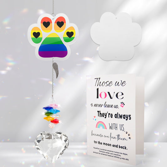 suncatcher acrylic rainbow paw (black heart) clear heart-shaped pendant with sympathy card