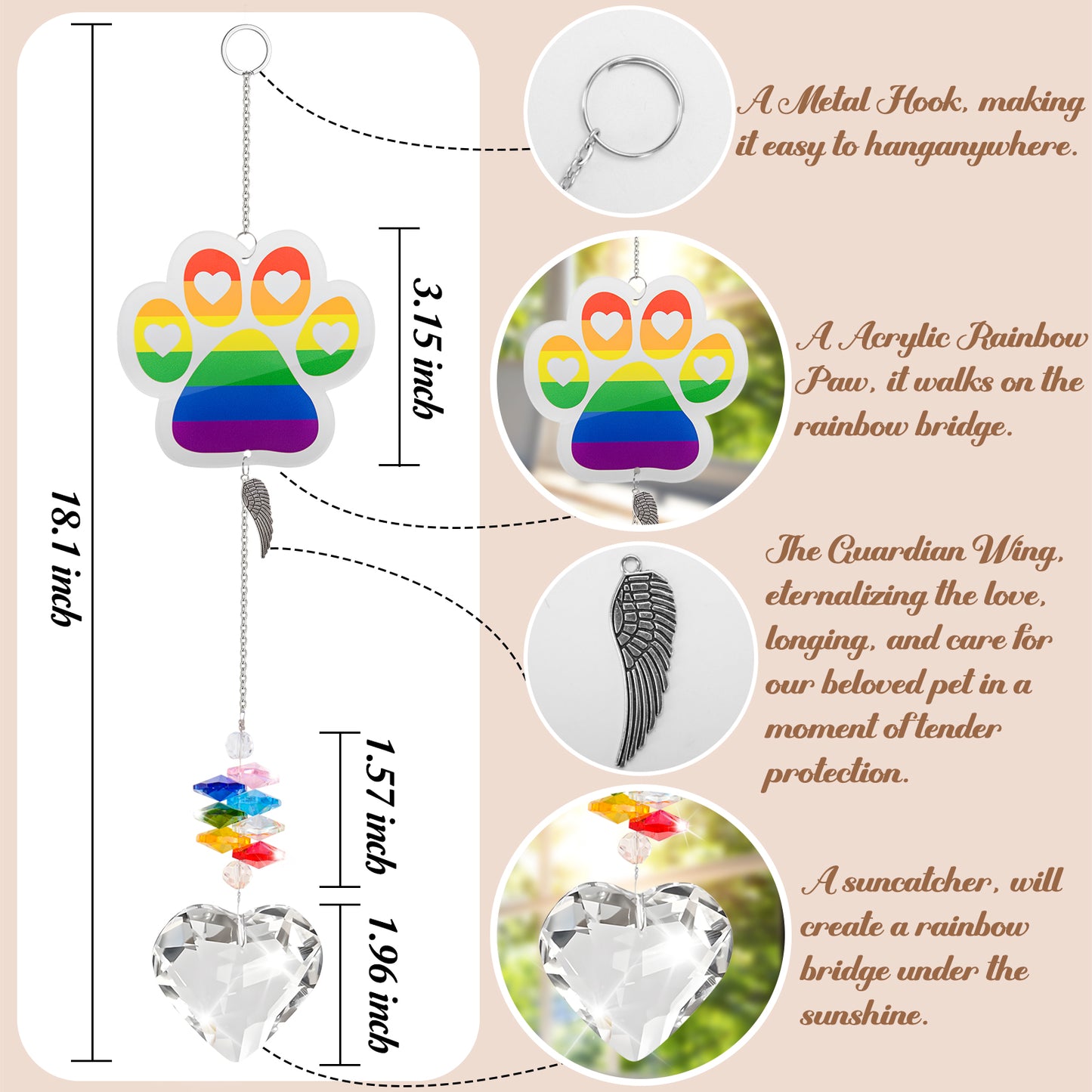 suncatcher acrylic rainbow paw clear heart-shaped pendant size and detail