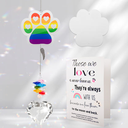 suncatcher acrylic rainbow paw clear heart-shaped pendant with sympathy card