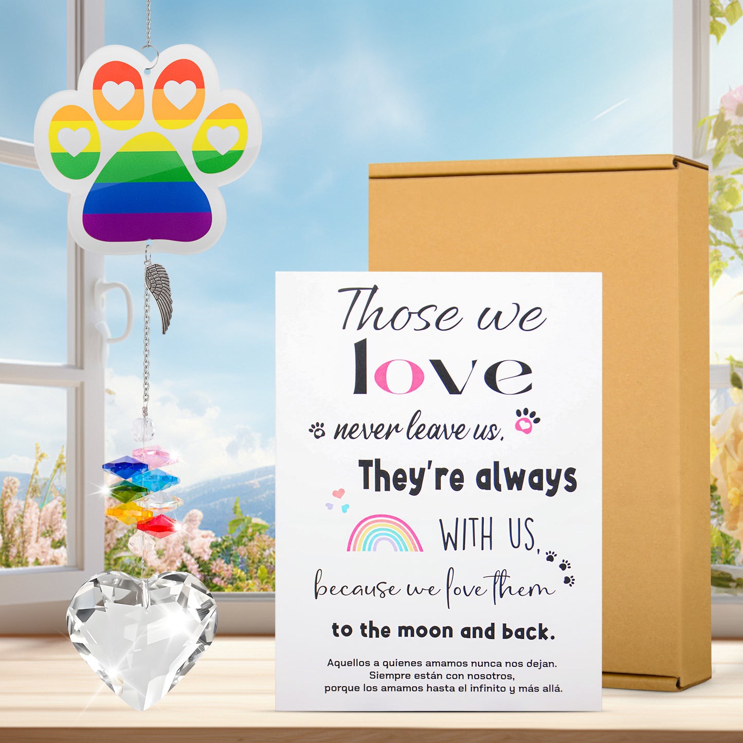suncatcher acrylic rainbow paw clear heart-shaped pendant with sympathy card and package