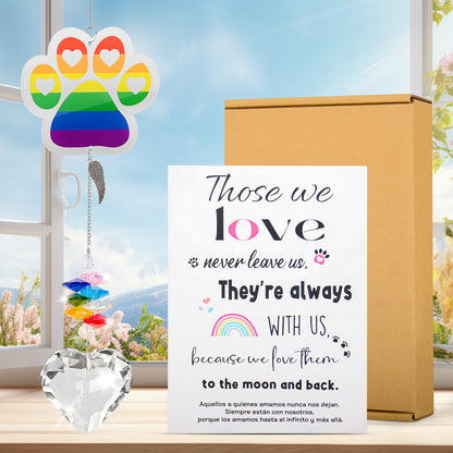 suncatcher acrylic rainbow paw clear heart-shaped pendant with sympathy card and package