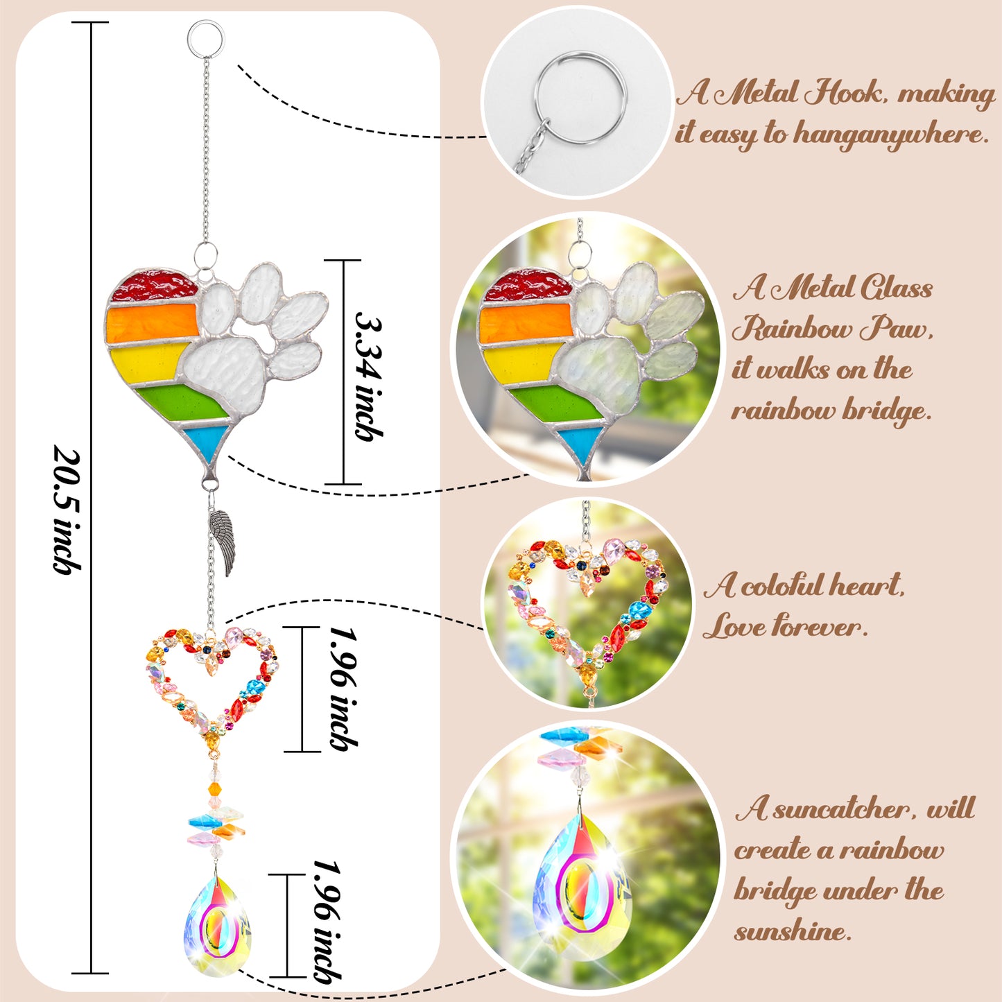 suncatcher metal rainbow paw and  heart-shaped rainbow pendant and teardrop crystal pendant dize and detail