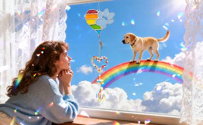 suncatcher metal rainbow paw and  heart-shaped rainbow pendant and teardrop crystal pendant girl dog on rainbow bridge on the windowsill