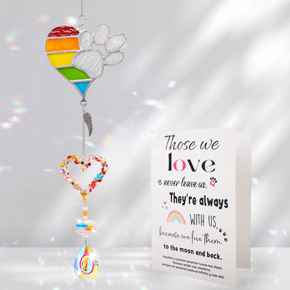 suncatcher metal rainbow paw and  heart-shaped rainbow pendant and teardrop crystal pendant with sympathy card