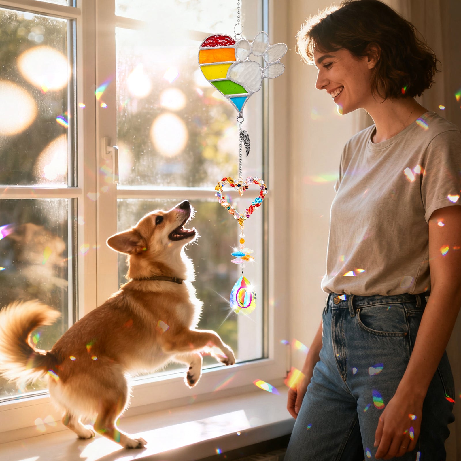 suncatcher metal rainbow paw and  heart-shaped rainbow pendant hang on the windowsill dog and dog owner